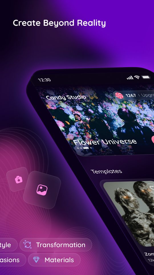 Candy Studio home screen with featured templates